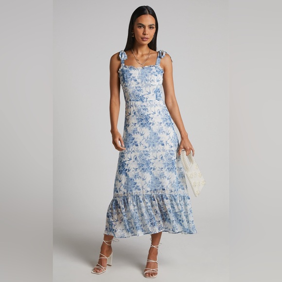 Dresses & Skirts - 011 TIE STRAP RUFFLE HEM DRESS IN BLUE FLORAL